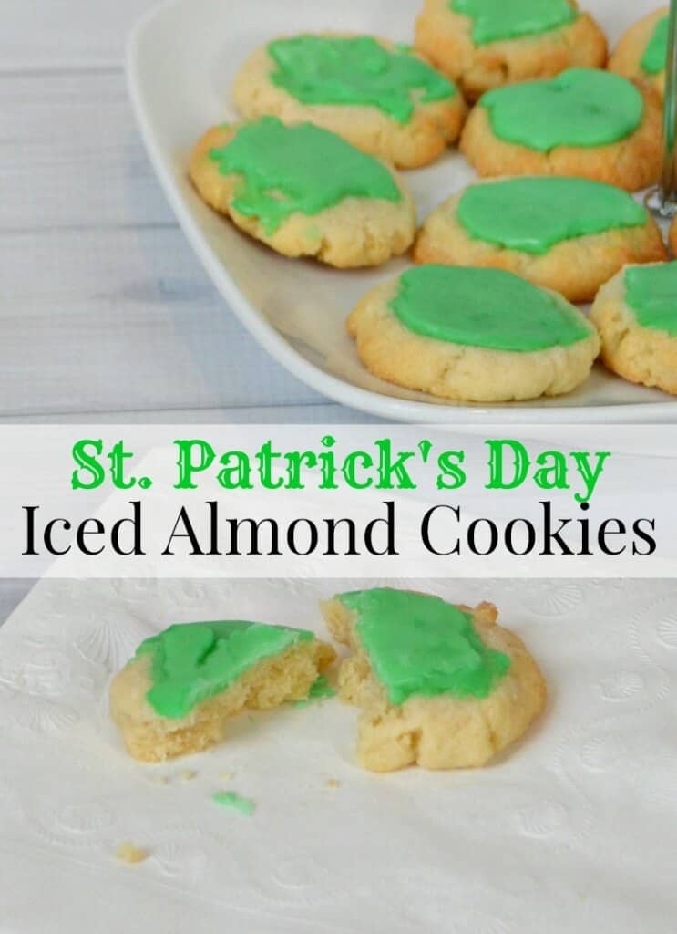 cookies with green frosting on white plate and one cookie broken in half in front with title text overlay reading St. Patrick's Day Iced Almond Cookies