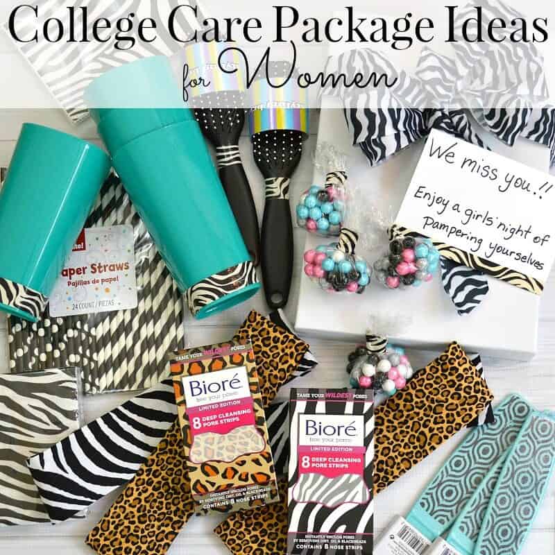 overhead view of contents of care package for women featuring animal prints and turquoise items