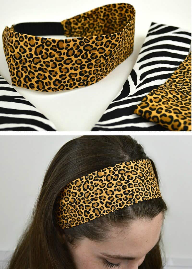 close up of cheetah print head band  and close up of headband on woman's head
