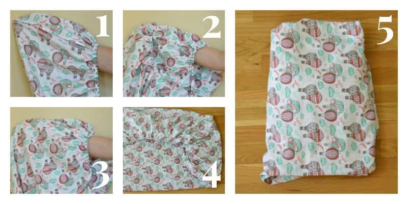 collage of 5 steps to fold a fitted sheet