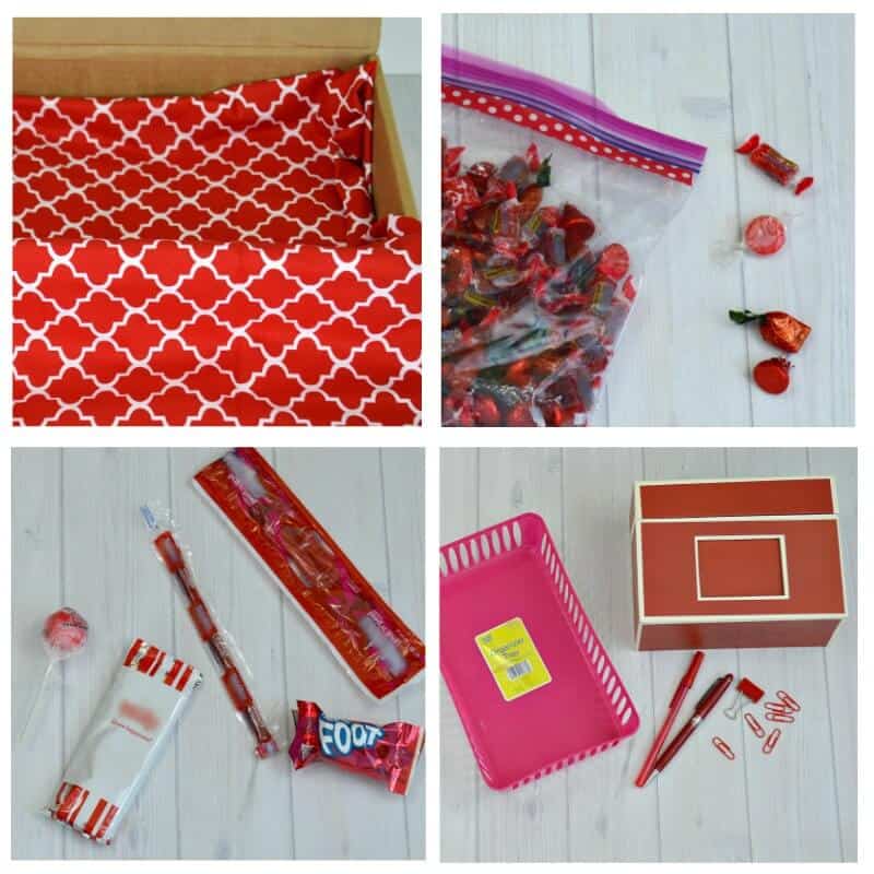collage of 4 images of red items for a care package
