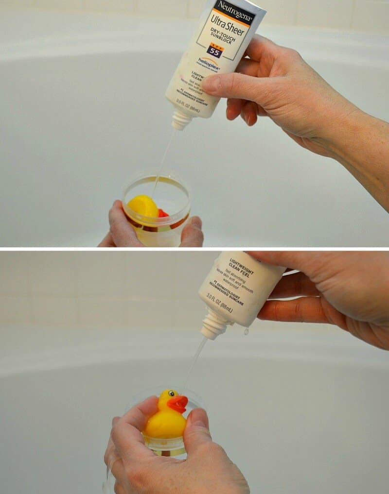 2 photos of hands holding bottle and spraying water into lid holding small rubber duck over bathtub