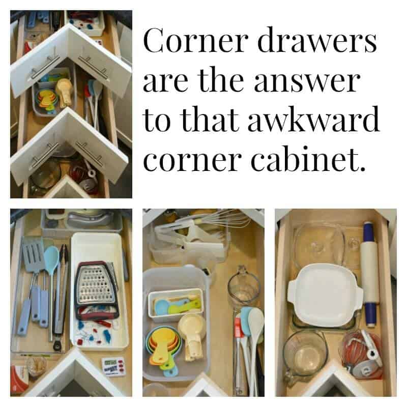 collage of 4 images of open drawers with kitchen items