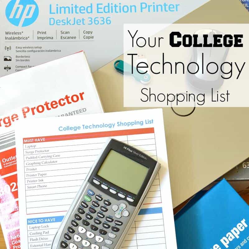 overhead view of checklist, calculator and other technology products for college.