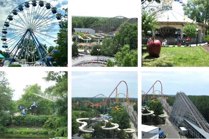 collage of six images of amusement park rides
