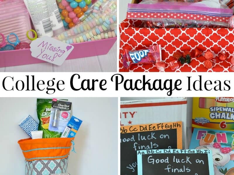 collage of 4 college care package in bright colors