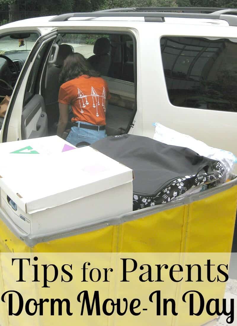 College student in orange shirt moving items from car into moving bin with title text overlay reading Tips for Parents Dorm Move-In Day