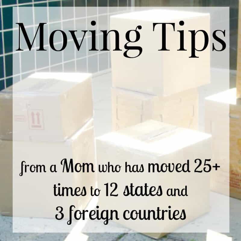 stack of moving boxes outside of building with title text overlay reading Moving Tips from a mom who has moved 25+ times to 12 states and 3 foreign countries