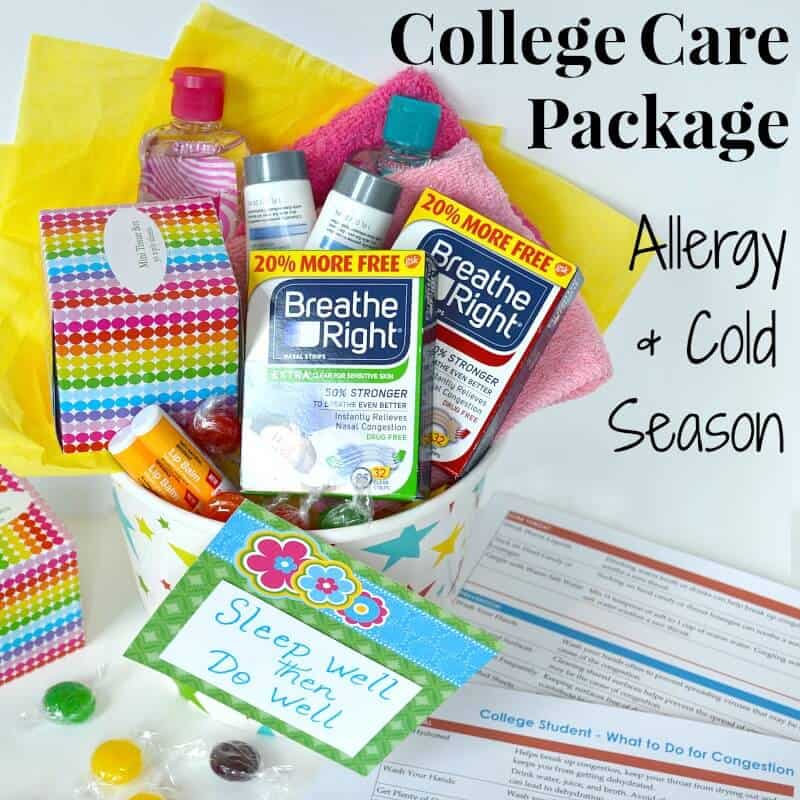 overhead view of colorful college care package and red and blue checklist