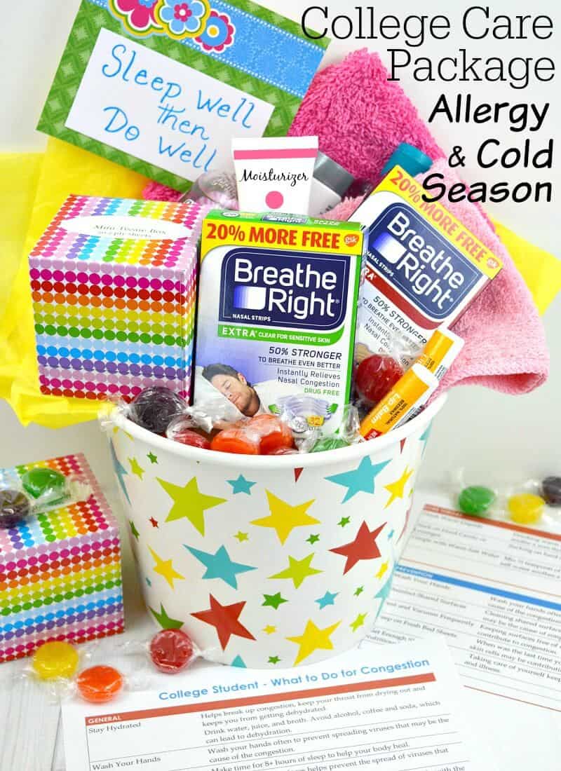 white bucket with colorful stars filled with tissues and cold medicine with printed checklist