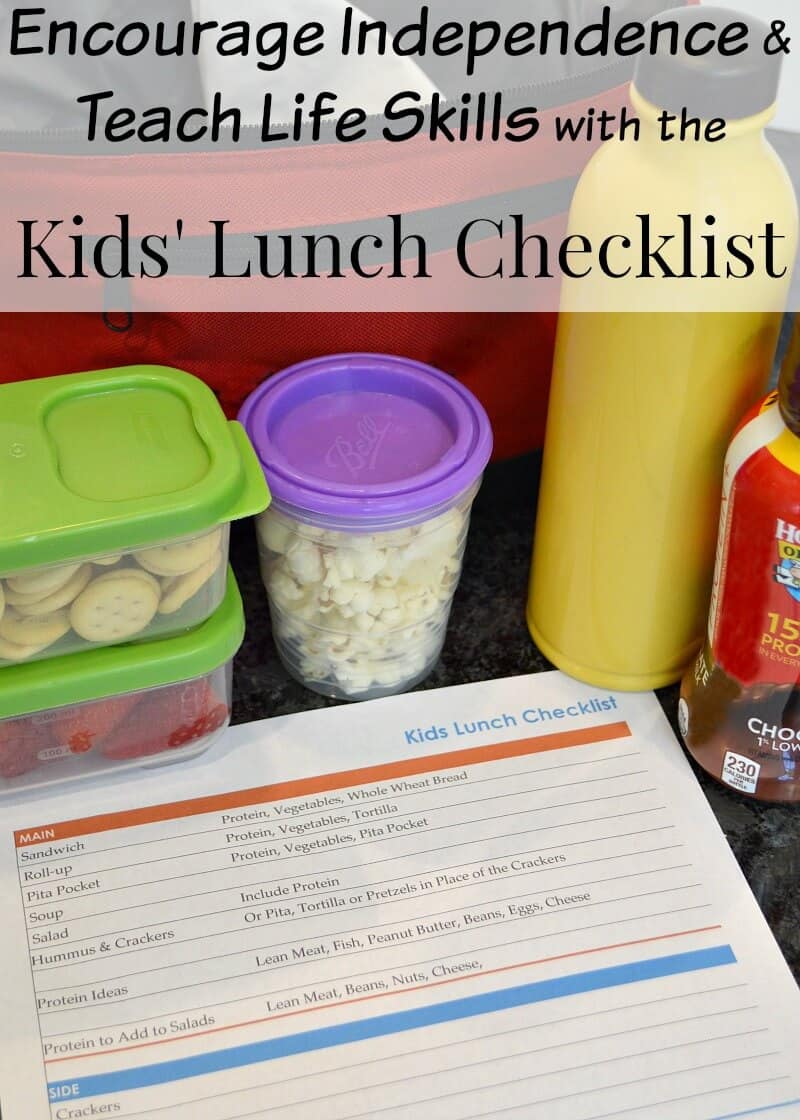 red and blue checklist with containers of food, water bottle and lunch box