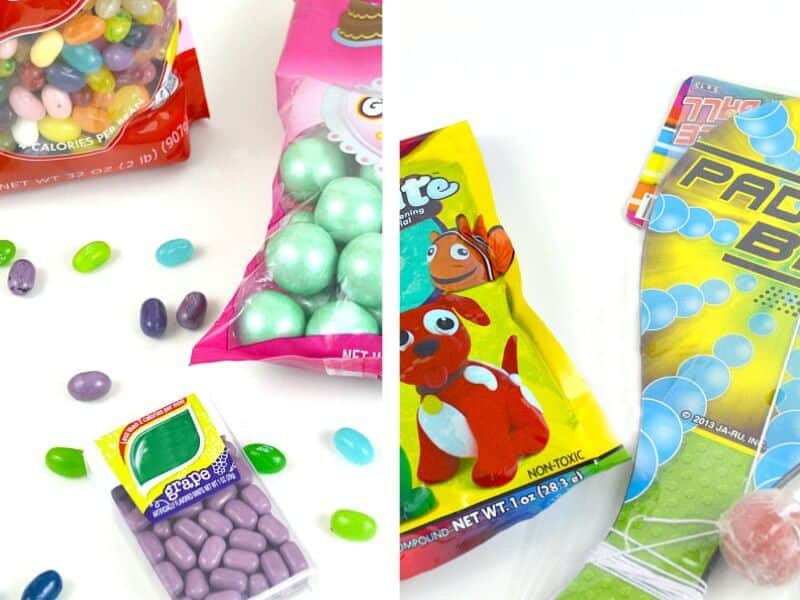 2 images of colorful candy and toys on white table