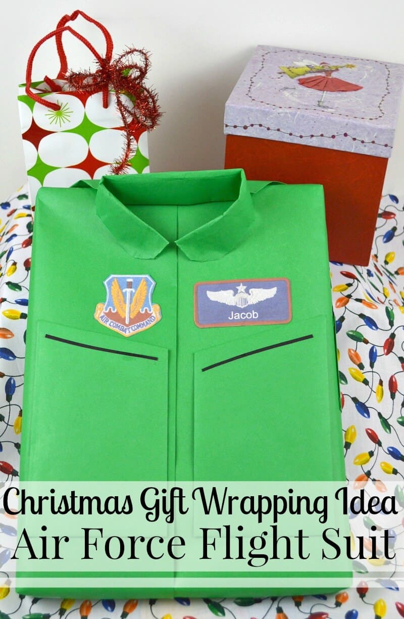 box wrapped to look like green Air Force flight suit