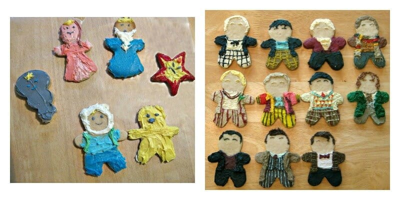image on left of more primitively decorated cookies, image on right of detailed decorated gingerbread cookies