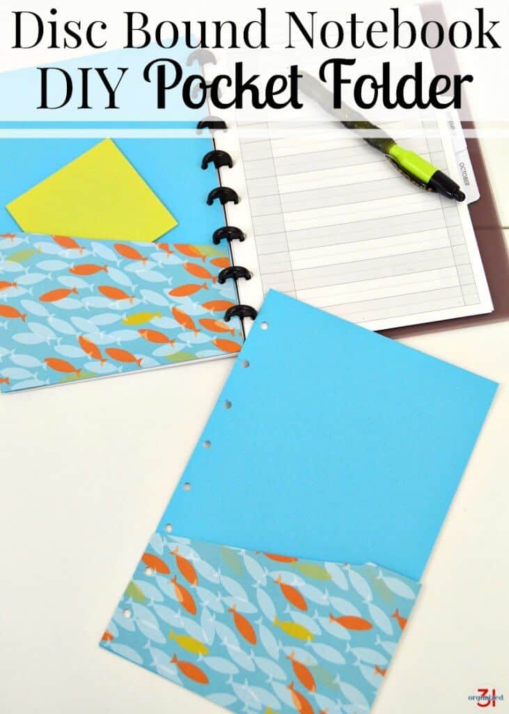 open planner with paper and pen on one side and DIY pocket folder on the other and second DIY pocket folder laying in front on table with title text reading It's easy to make a pocket folder with this easy-to-do DIY planner pocket folder tutorial. Make a decorative folder to fit your planner.