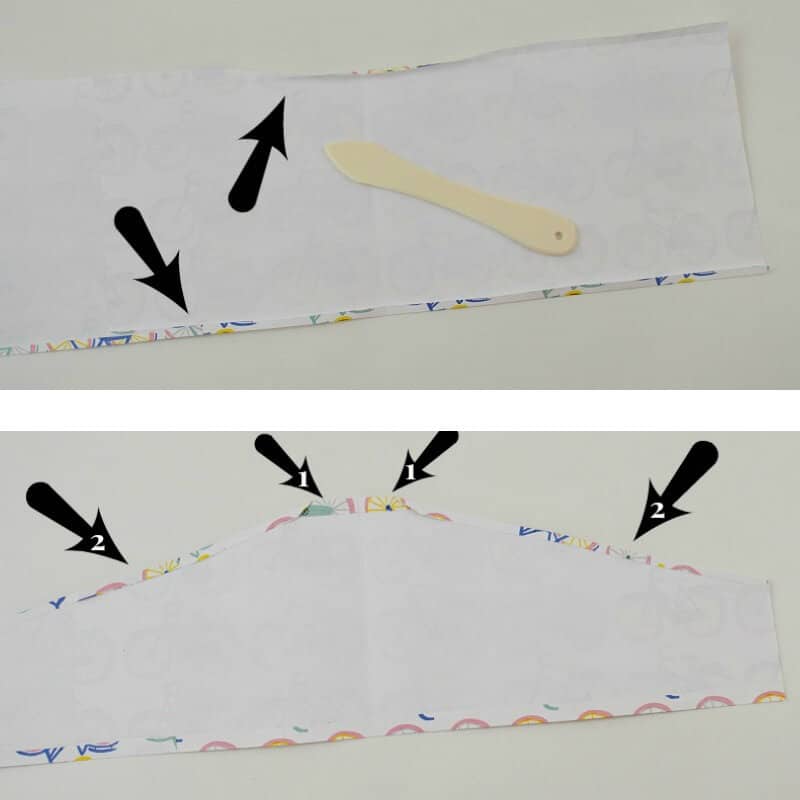 2 images of how to fold down edge of decorative paper to create pocket portion of the pocket folder