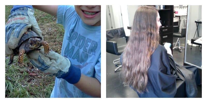 left image boy holding turtle and right image girl in salon chair with very long hair