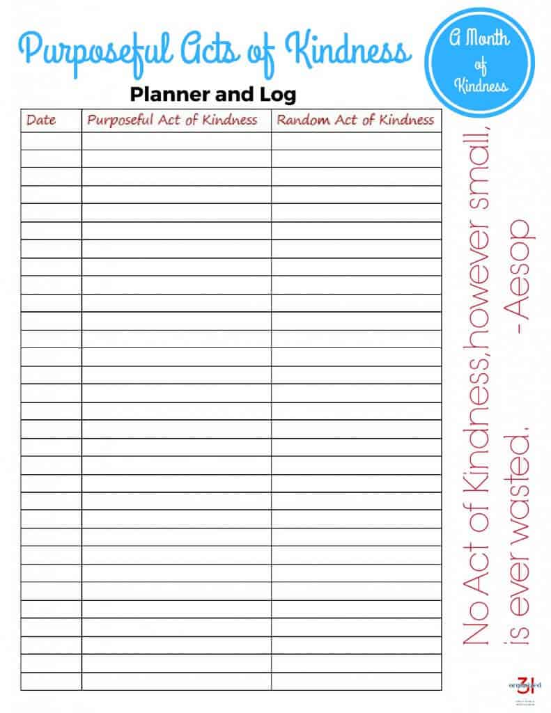 Free Printable Purposeful Acts of Kindness Planner and Log. Join the Purposeful (not Random) Acts of Kindness Challenge for 2017 and purposefully help others with charitable and thoughtful acts.