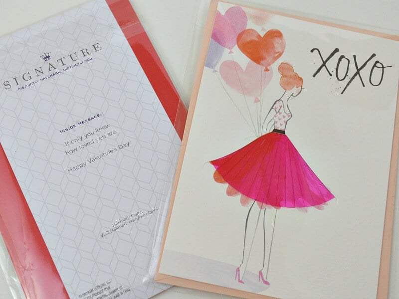Valentine's card with woman in pink skirt and back of card showing the message inside the card