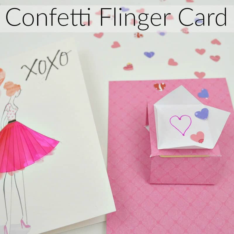 card with woman in pink dress next to pink paper and tiny heart confetti with title text reading Confetti Flinger Card