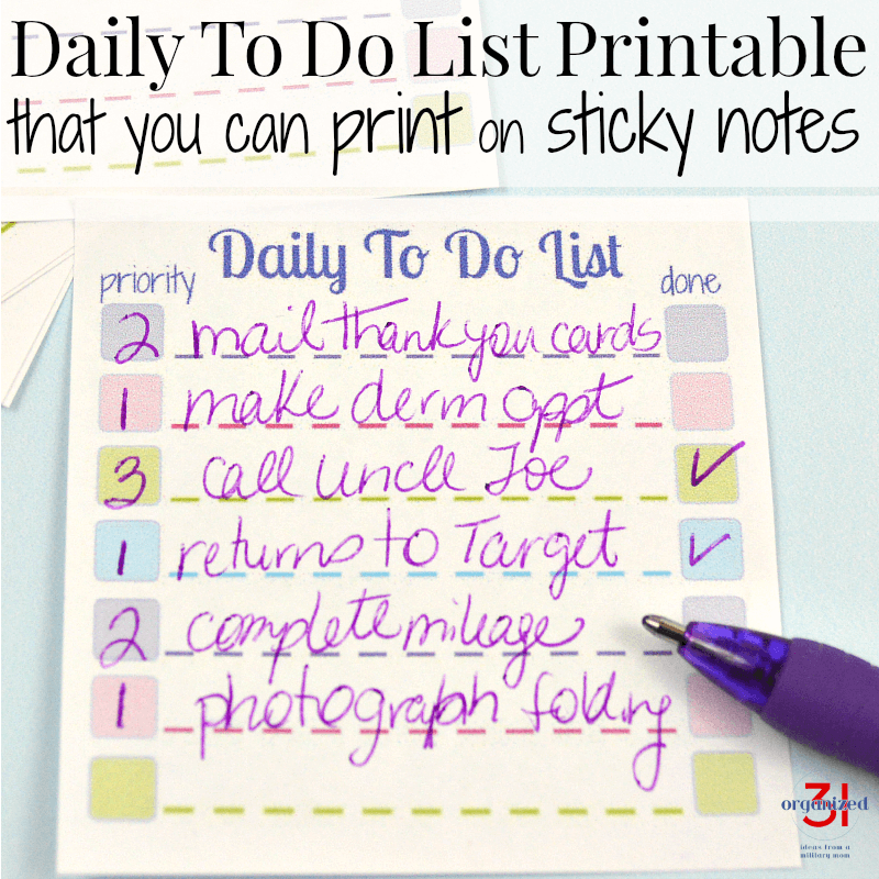 white sticky note with colorful to do list checklist and purple pen with title text reading Daily To Do List Printable that you can print on sticky notes