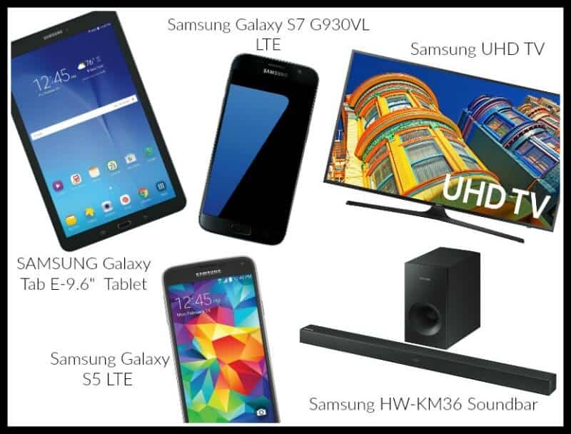 collage of images of a Samsung tablet, 2 Samsung cellphones, Samsung UHD TV and Samsung soundbar