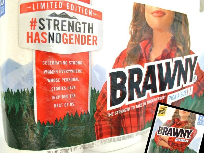 paper towel packaging with woman in plaid shirt with crossed arms