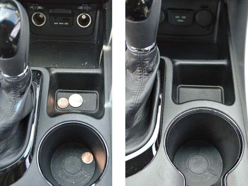 left image - dirty car console, right image - clean car console