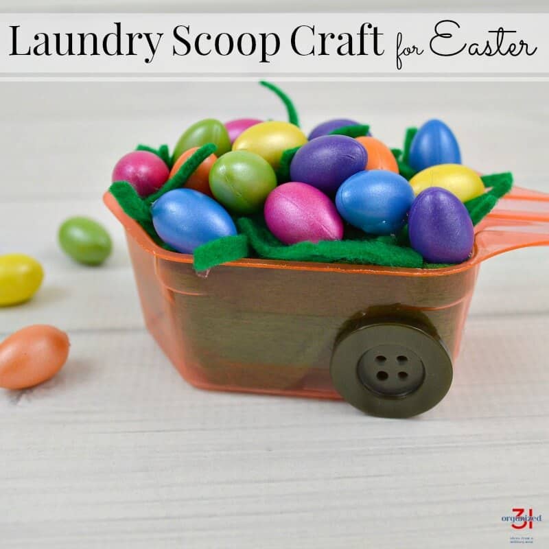 Fun laundry scoop craft for Easter using a recycled laundry scoop. Don't throw those little scoops away, instead make decorations. A great kids' craft.
