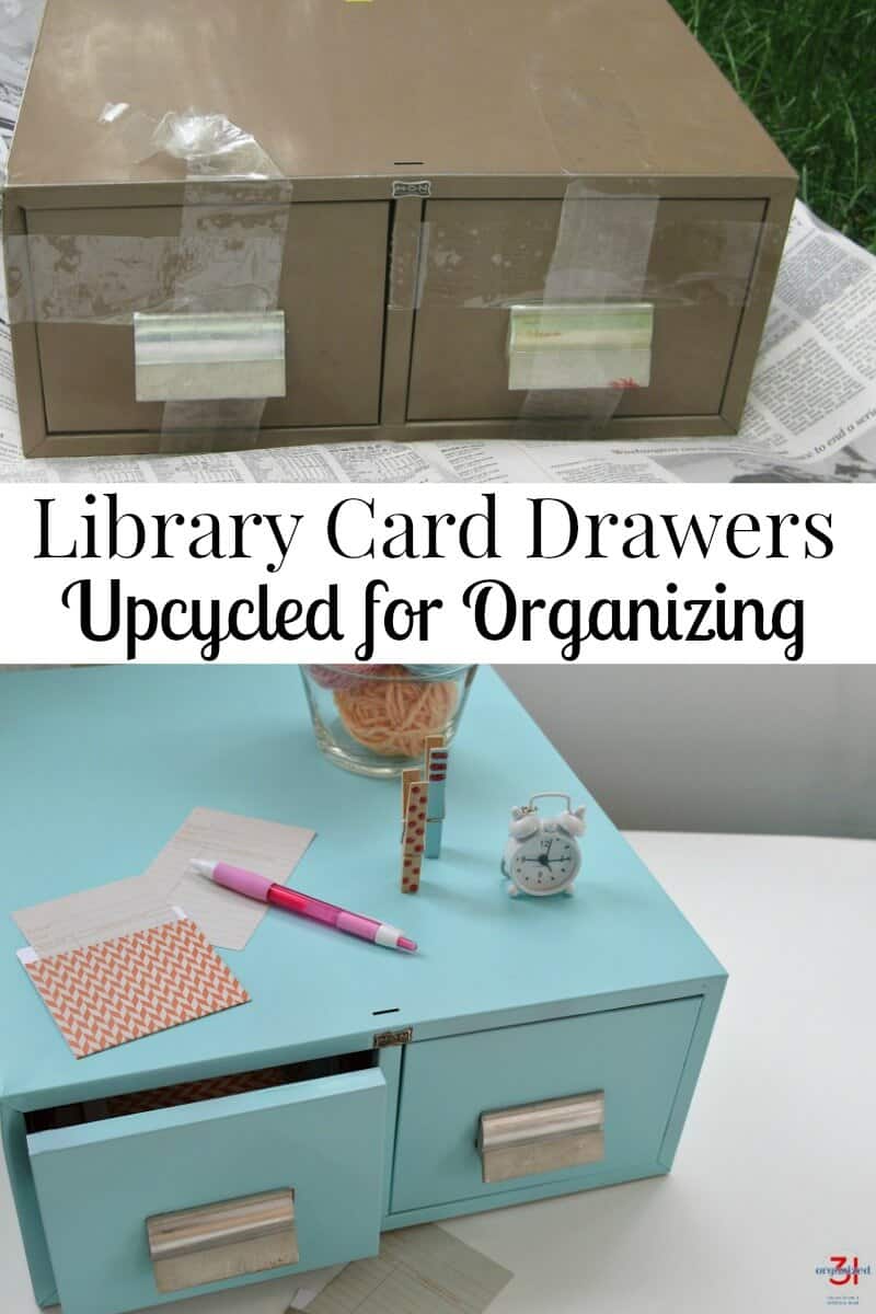 top image of brown metal library card drawersbottom image - of upcycled blue library card drawers