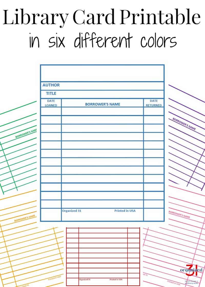 library card printables in six different colors with title text reading Library Card Printable in six different colors