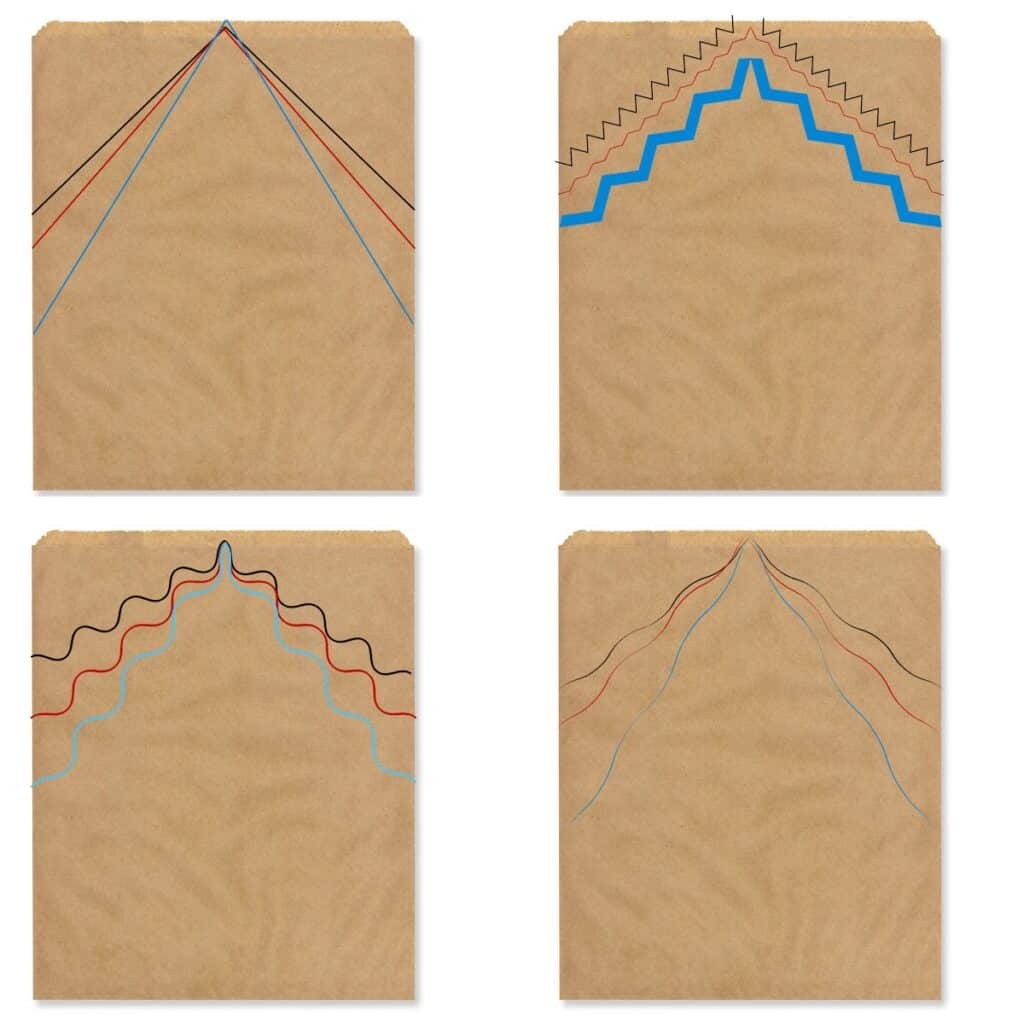 4 images of paper bags with different types of lines in 3 colors on the edge of each bag