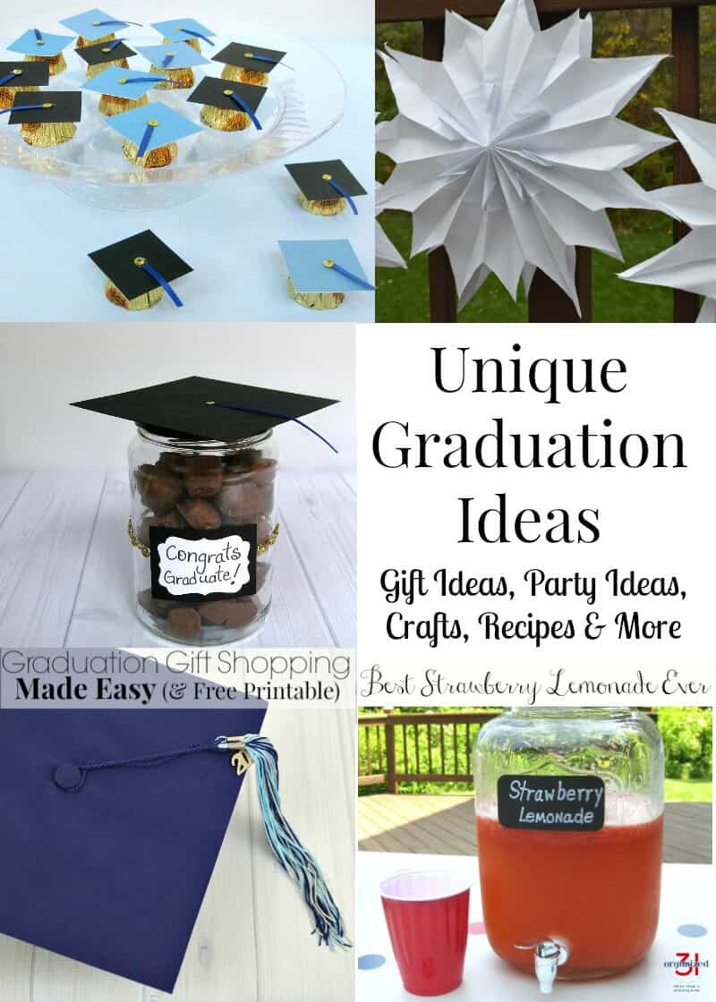 collage of 5 images of crafts, recipes and ideas for graduation parties.