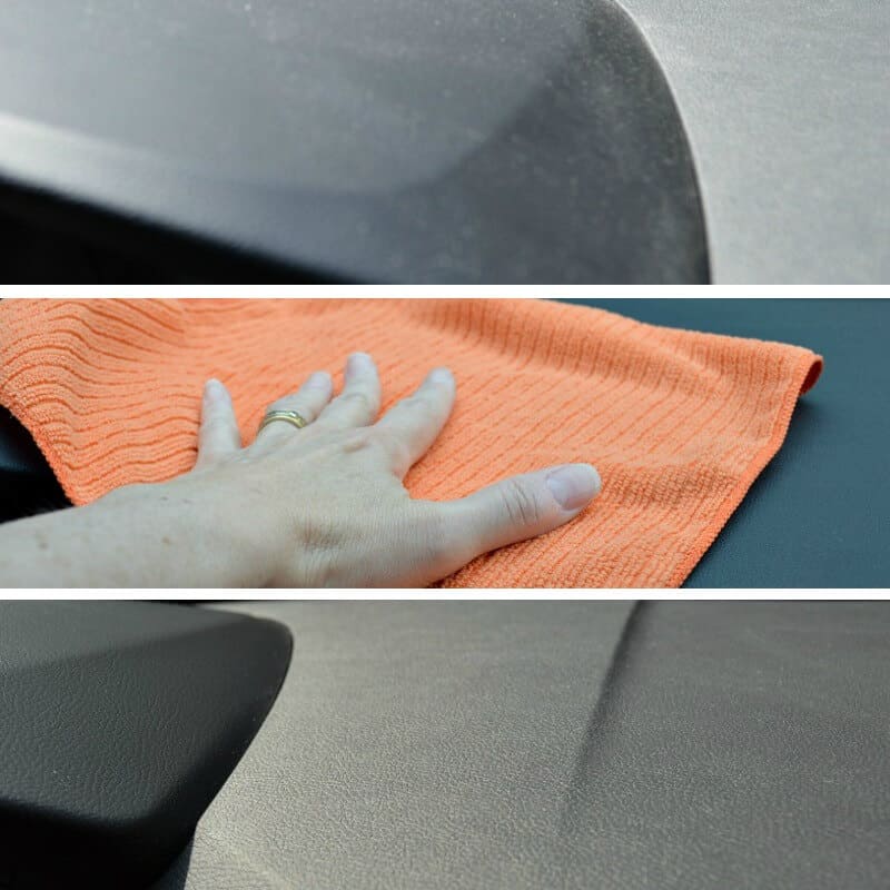 collage of 3 images of cleaning top of car dashboard