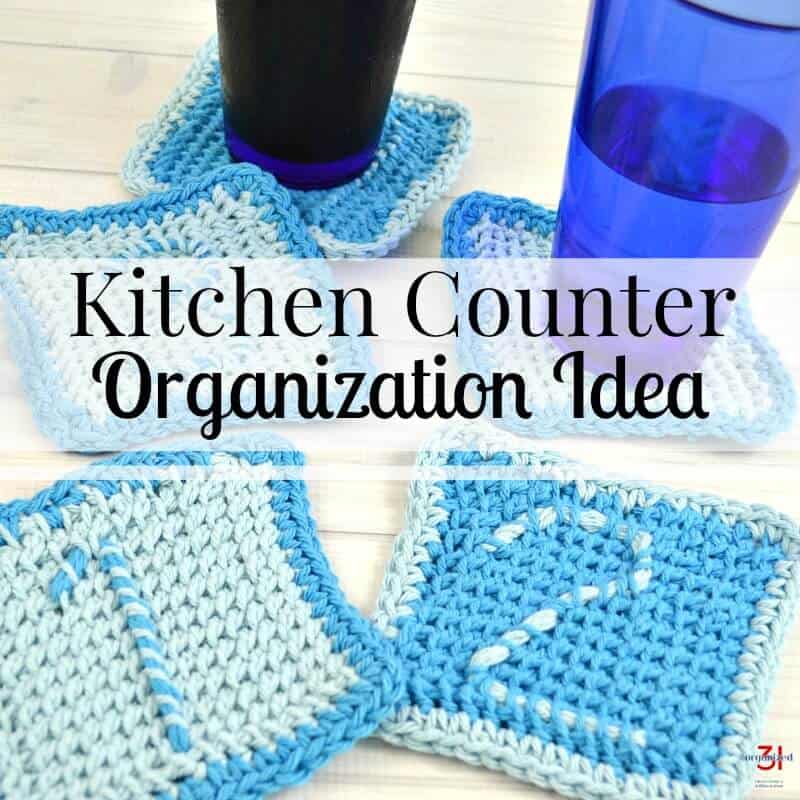 image of blue crocheted number coasters with drinks and text overlay