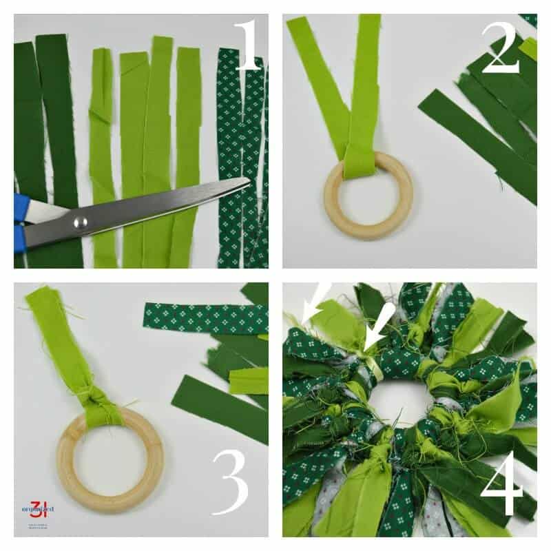 4 images of the steps of cutting fabric and attaching them to ring to make a rustic fabric mini wreath