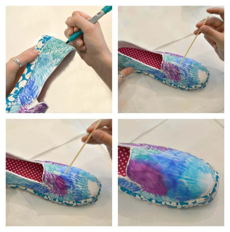 collage of shoe being colored with markers for tie dye
