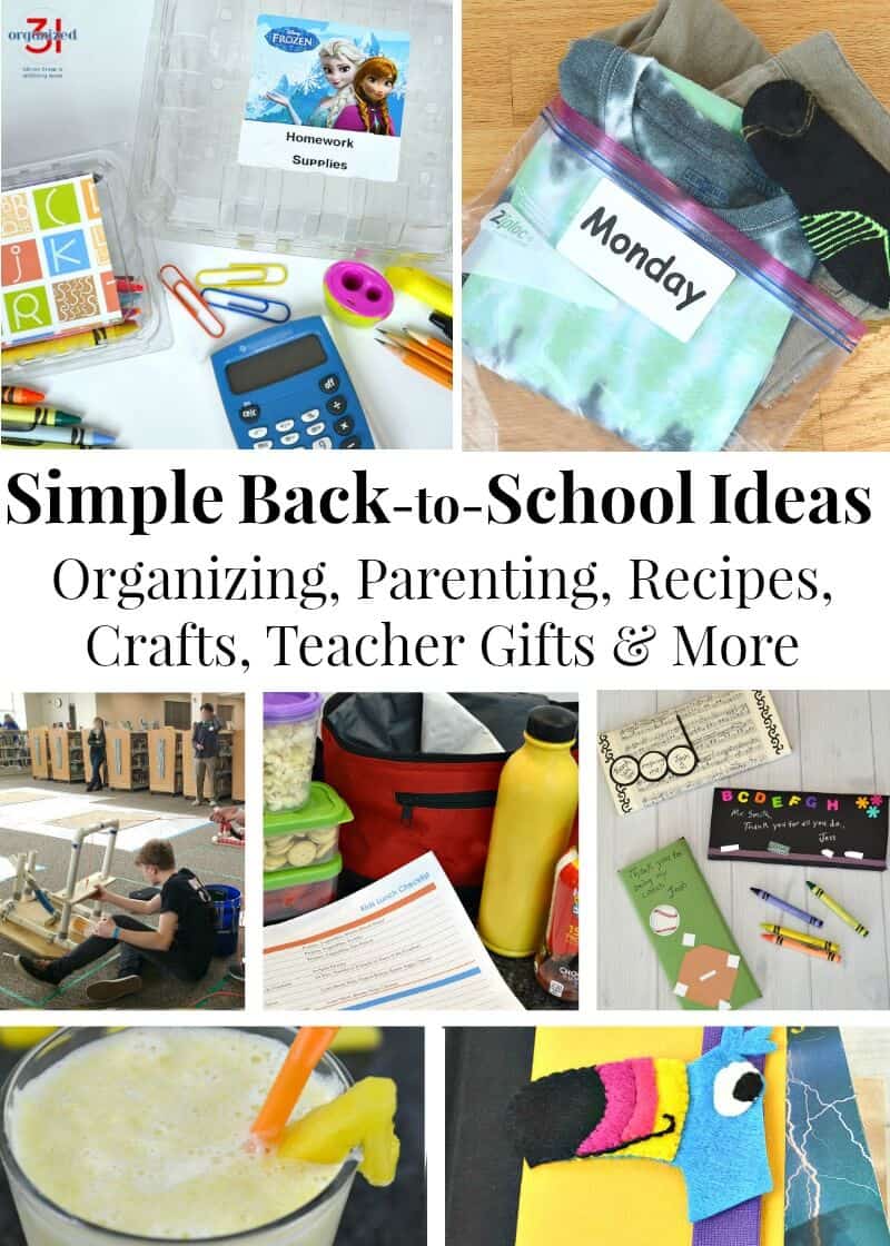 Collage of back-to-school organizing, crafts and recipes