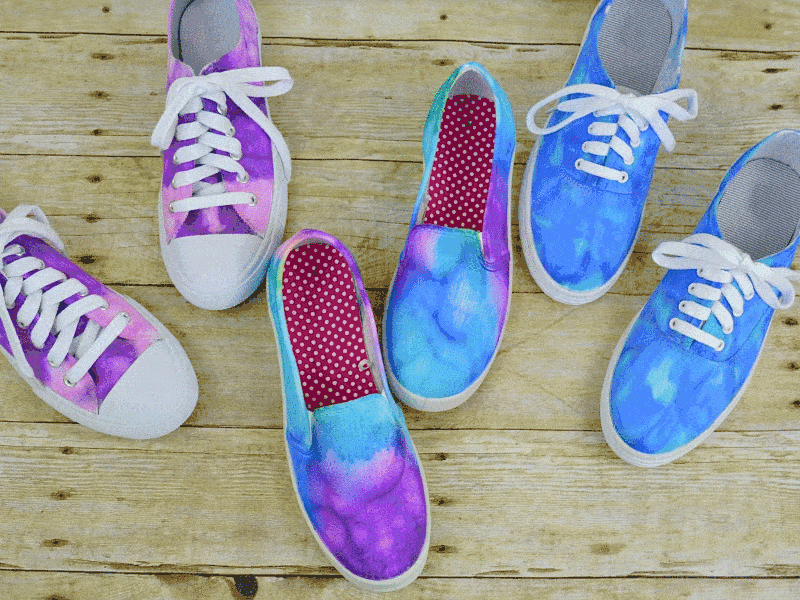 gif of three pairs of blue and purple tie dye shoes