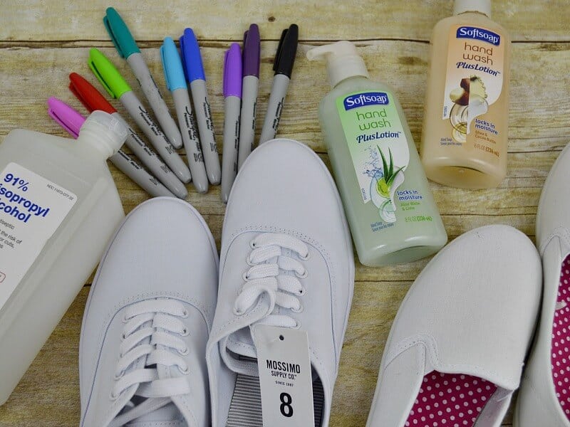 white shoes, moisturizing hand wash, colored markers