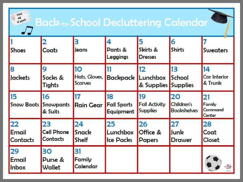 image of a calendar in red and blue for back-to-school decluttering