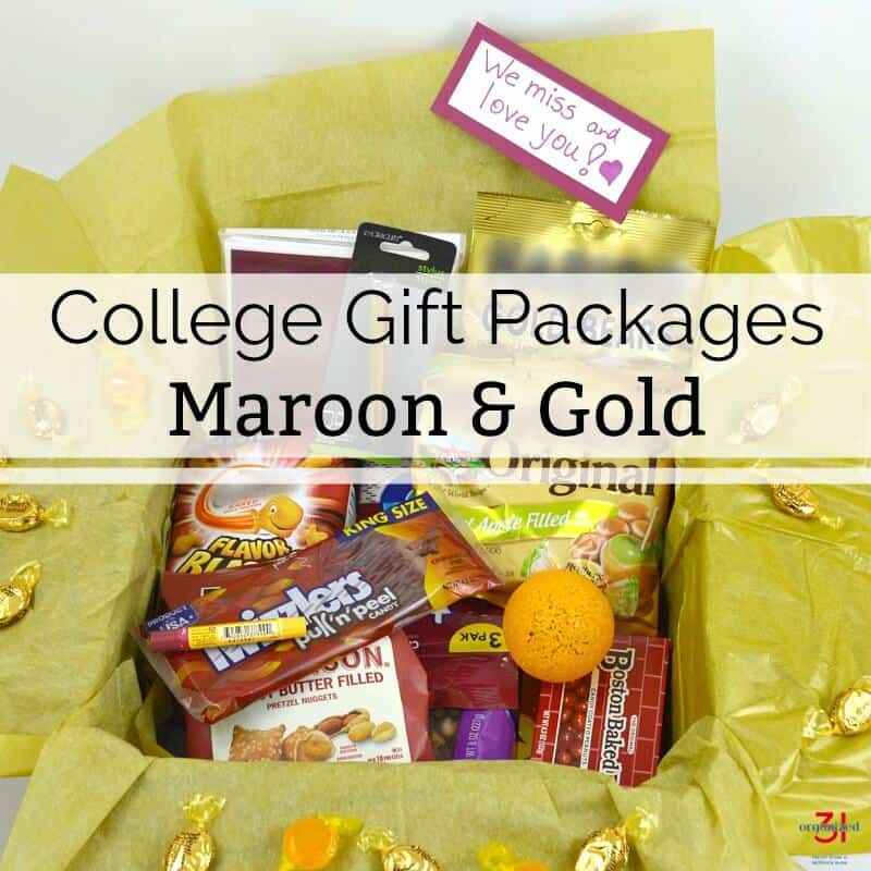 open box filled with gold and maroon care package items with title text overlay reading College Gift Packages Maroon and Gold