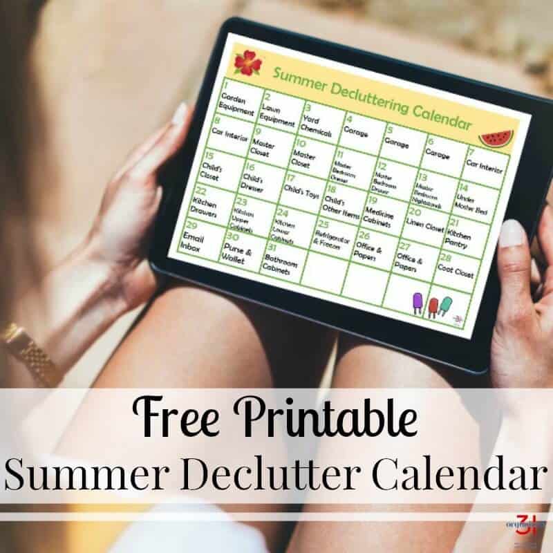 summer decluttering calendar on tablet with text overlay.