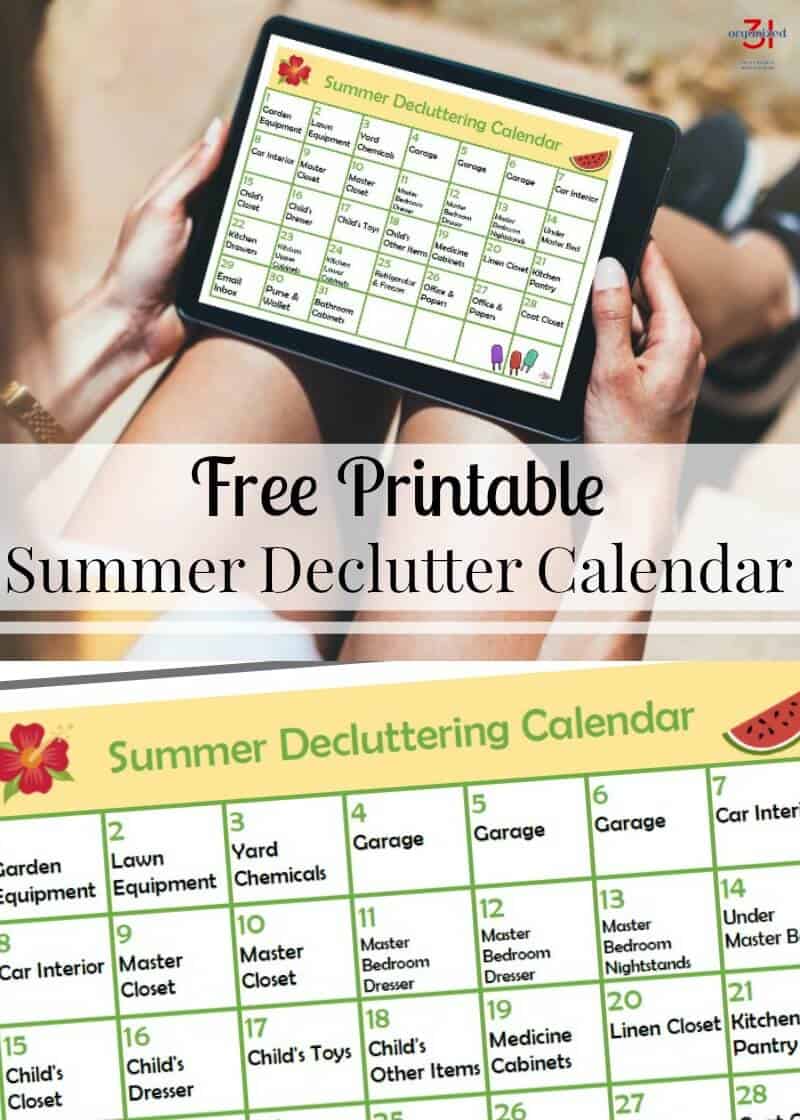 top image - woman holding tablet with calendar in sunny colors on screen, bottom image - close up of decluttering calendar with title text overlay reading Free Printable Summer Declutter Calendar