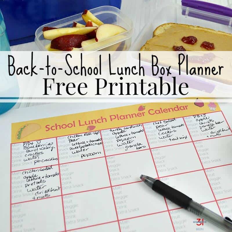 school lunch planning calendar with black pen and school lunch, image has text overlay.