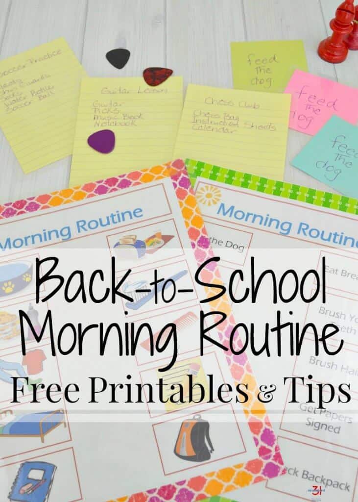 colorful printable checklist and sticky notes with guitar picks with title text overlay reading Back-to-School Morning Routine Free Printables & Tips