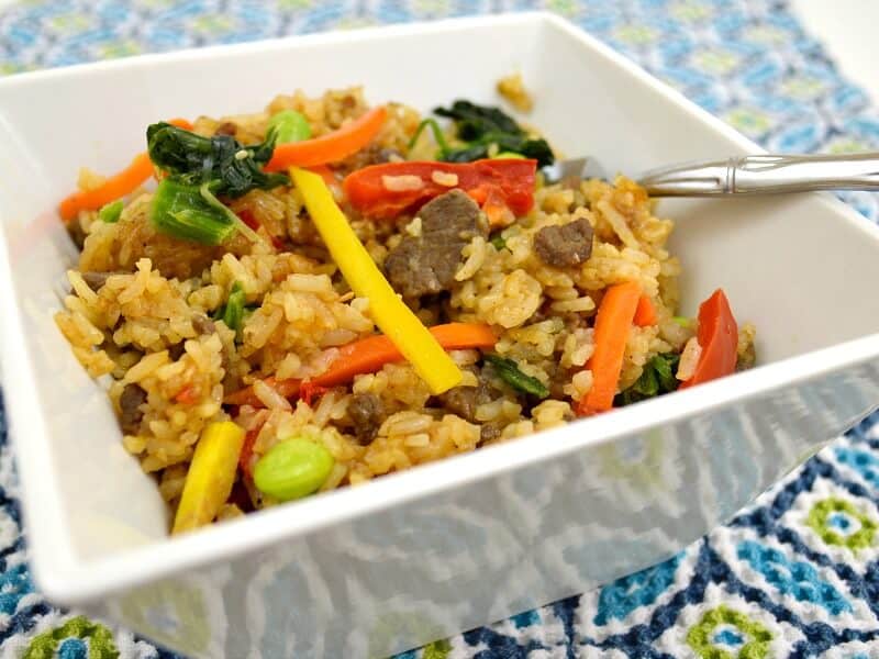 close up side view of fried rice in white bowl with fork