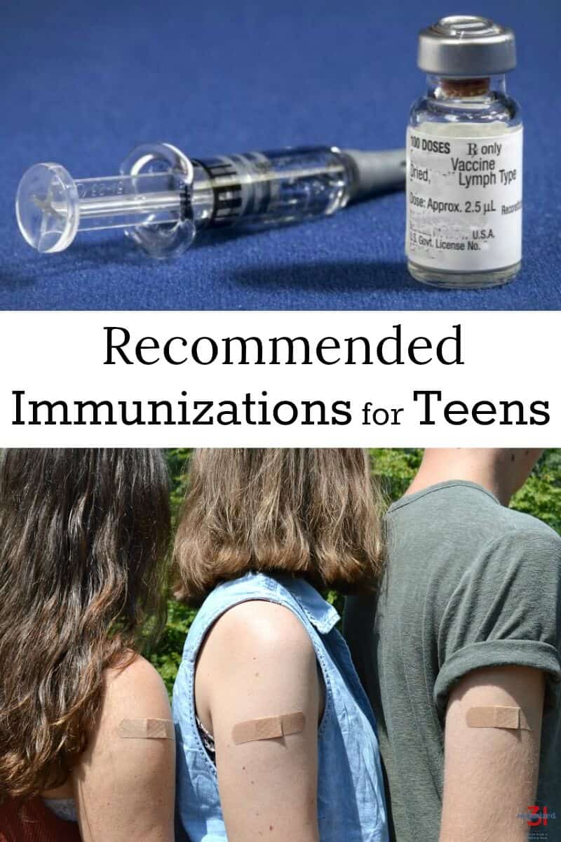 top image - immunization dose, bottom image - 3 teens looking away from the camera and bandages on the upper arms with title text reading Recommended Immunizations for Teens