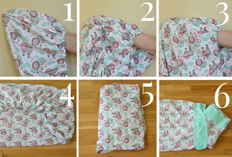 collage of 6 images of steps to fold bed sheets
