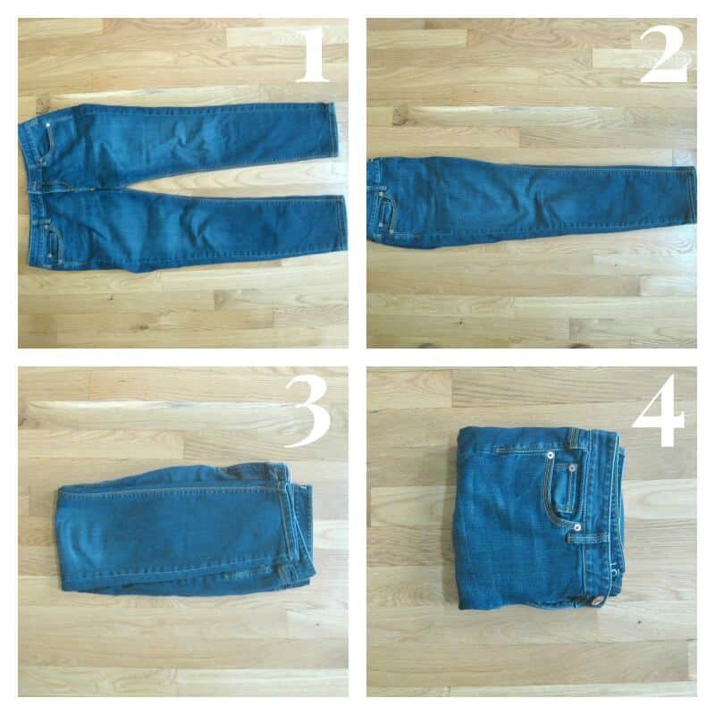 collage of 4 images of steps to fold jeans neatly